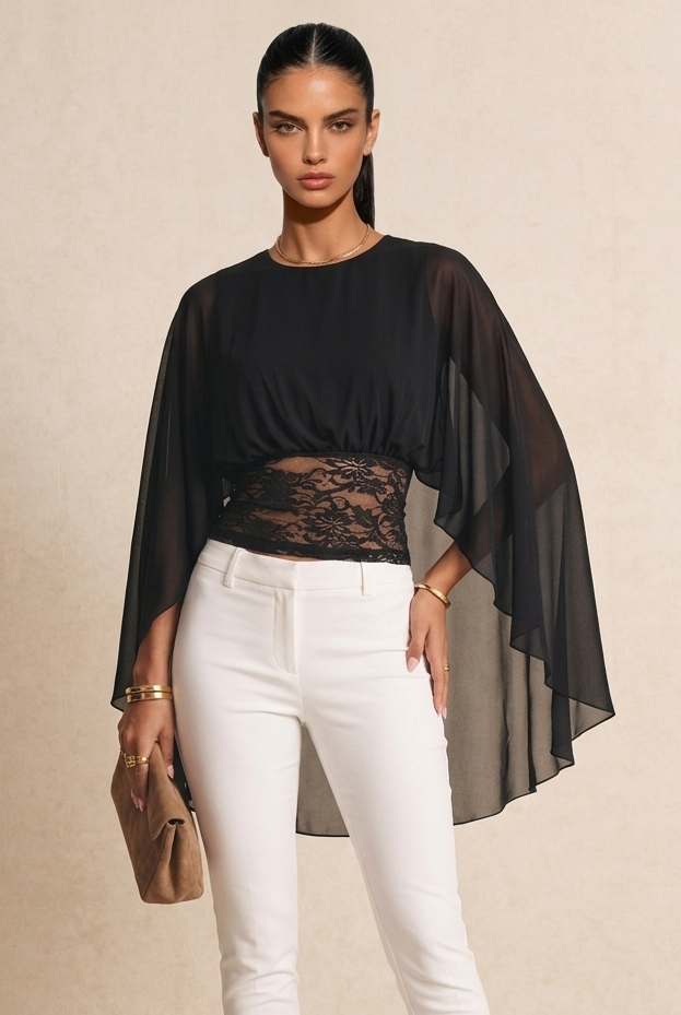 Black Chiffon Cape Sleeve Lace Panel Blouse