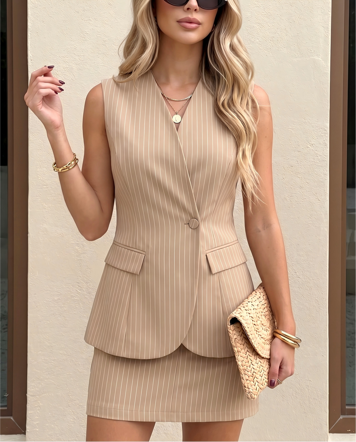 Brown Sleeveless Single Button Blazer Vest Mini Skirt Two Piece Suit Set