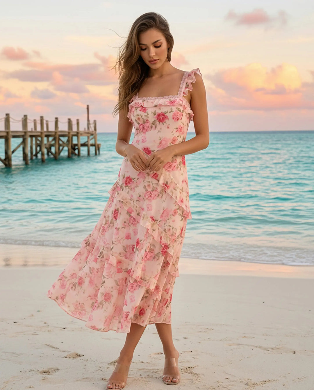 SOLACE  Pink Rose Print Ruffle Strap Chiffon Midi Dress 
