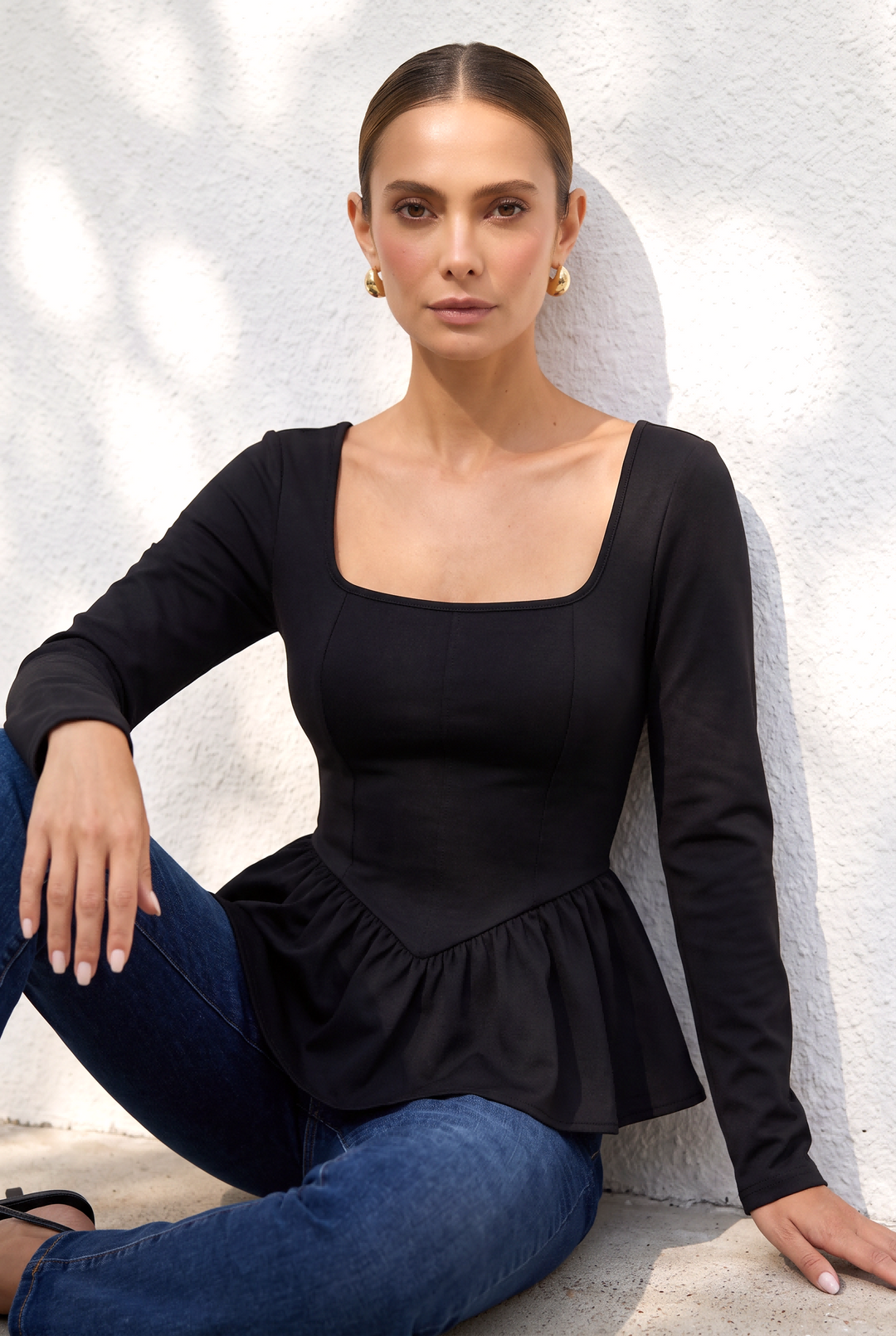 Square Neck Long Sleeve Peplum Slim Top