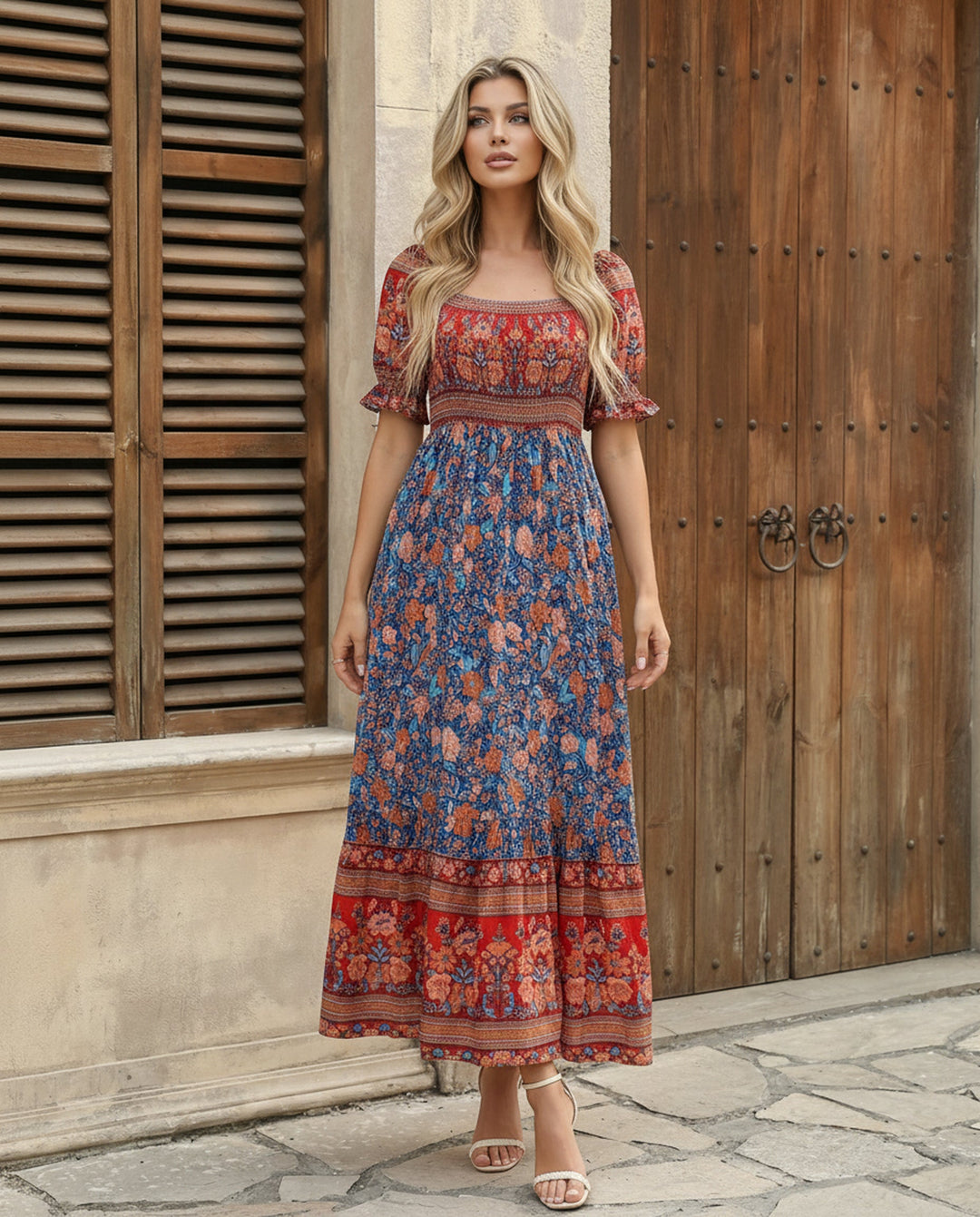 SOLACE  Floral Print Square Neck  Puff Sleeves Smocked  Maxi Dress 