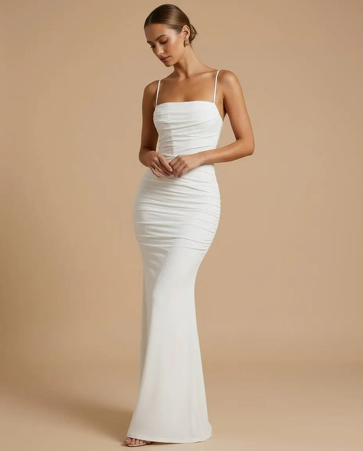 SOLACE  White Spaghetti Strap Ruched Backless Mermaid Maxi Dress 
