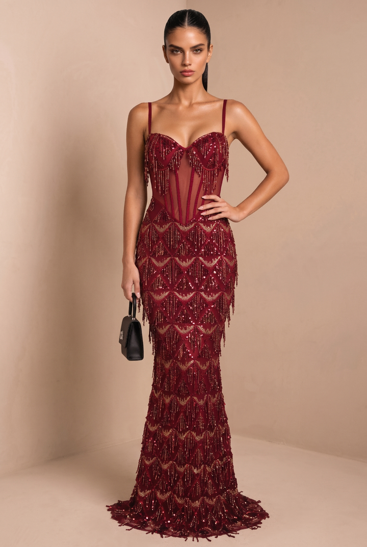 Ladies V-Neck Sheer Corset Sequin Tassel Formal Evening Mermaid Gown