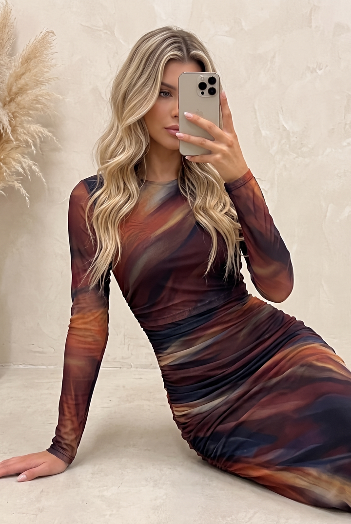 Women Round Neck Long Sleeve Mesh Maxi Dress
