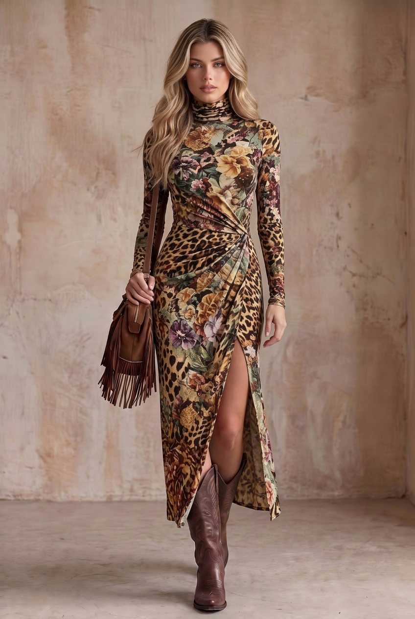Leopard Flower Print Long Sleeve Side Slit Maxi Dress