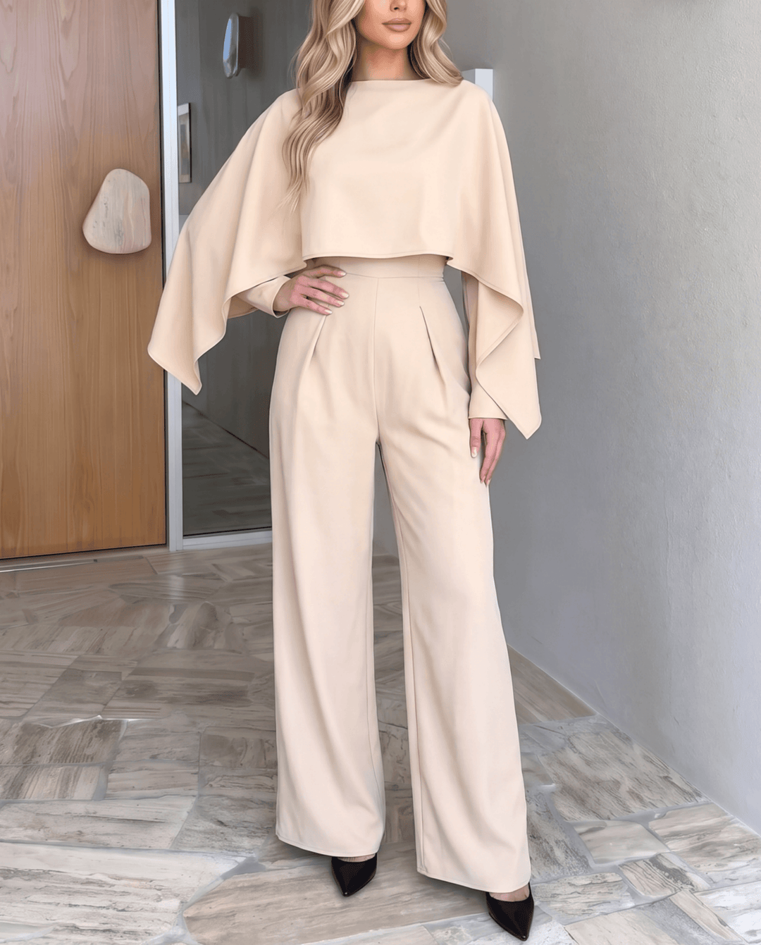 Cape Batwing Sleeve High Waist Wide Leg Jumpsuit