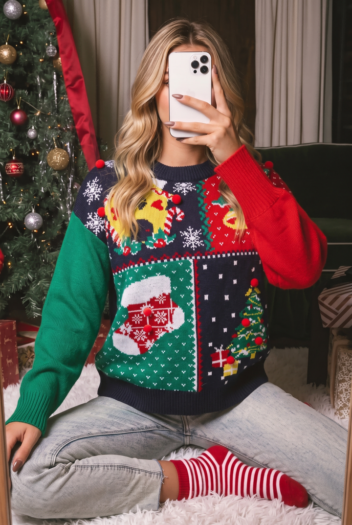 Women Color Block Xmas Knit Long Sleeve Casual Sweater