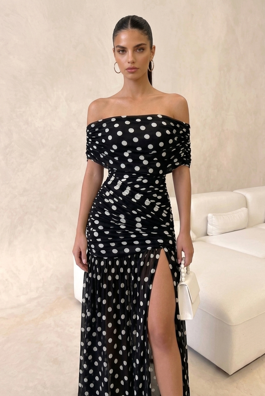 Ruched Sheer Polka Dot Bodycon Long Dress