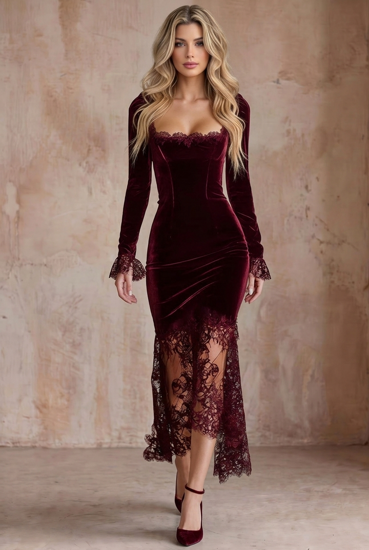 Burgundy Velvet Lace Long Sleeve Slim Party Midi Dress
