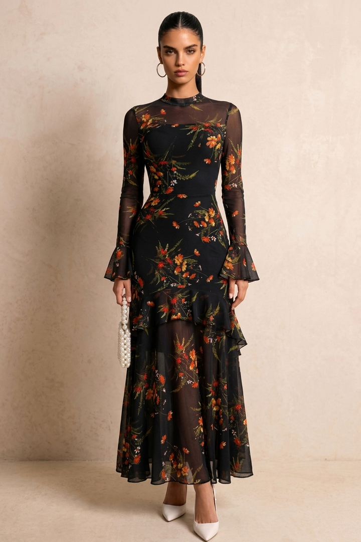 Floral Print Mesh Long Sleeve Maxi Dress