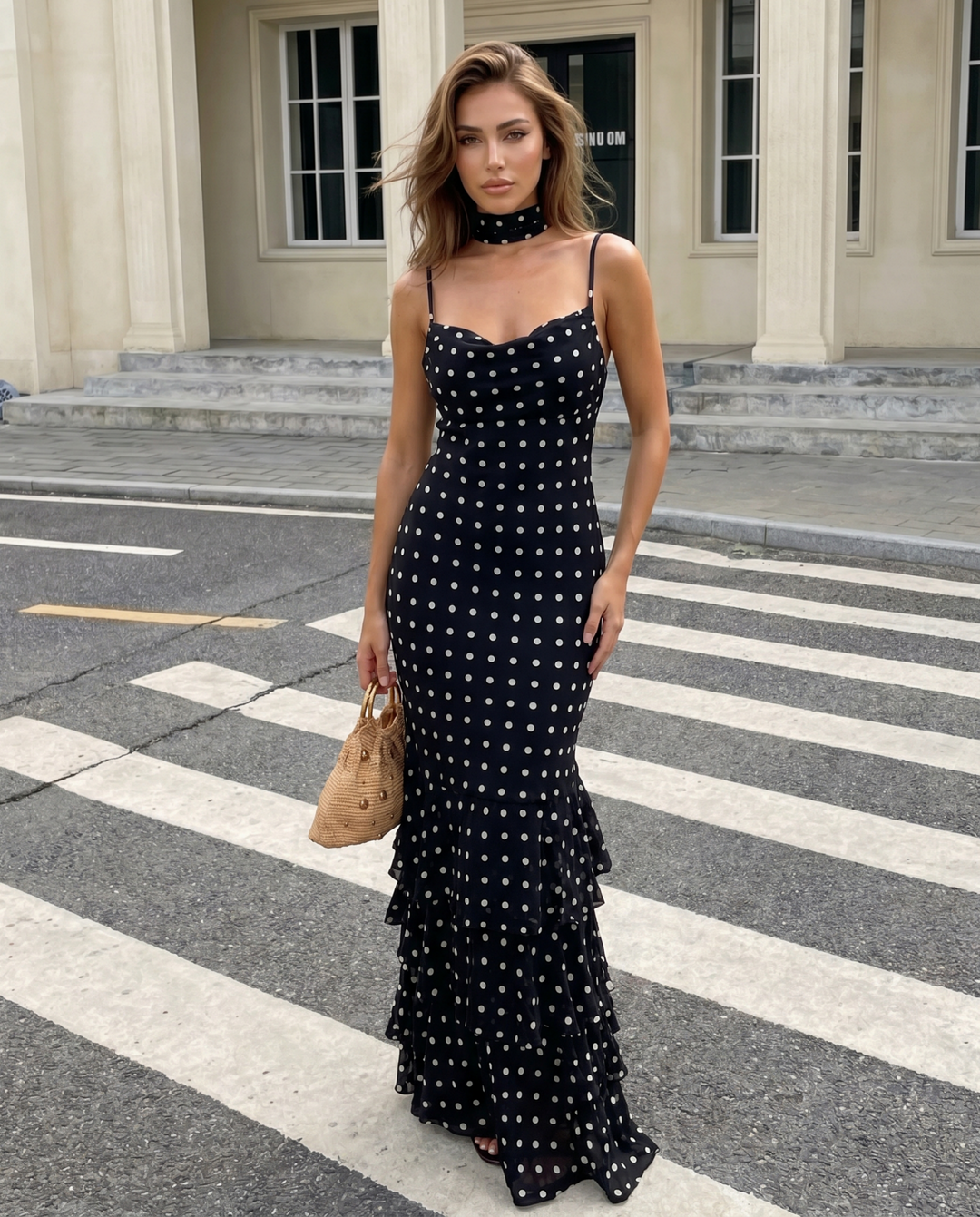 SOLACE  Black Polka Dot Ruffled Mermaid Maxi Dress 