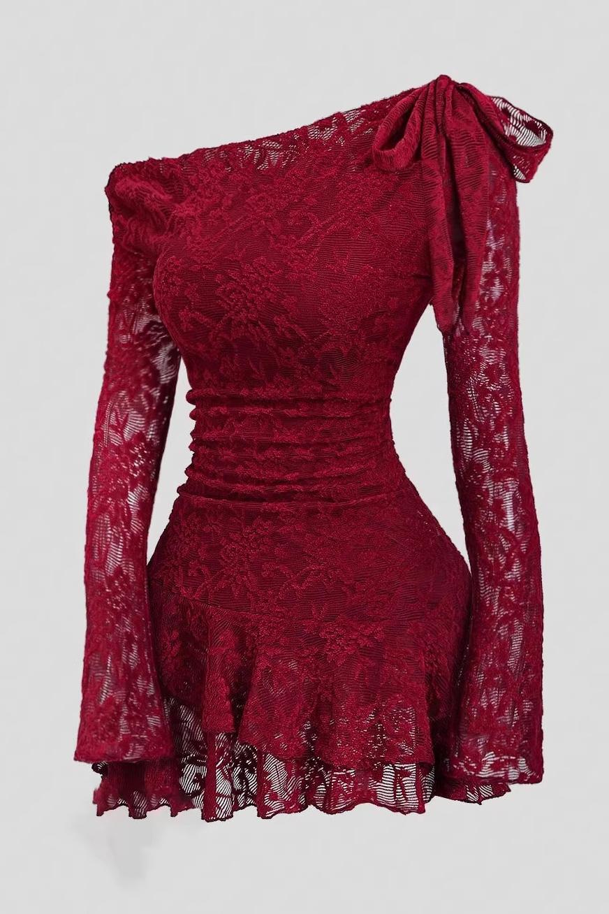 Burgundy Lace Bodycon  Long Sleeve Asymmetric Neckline Dress