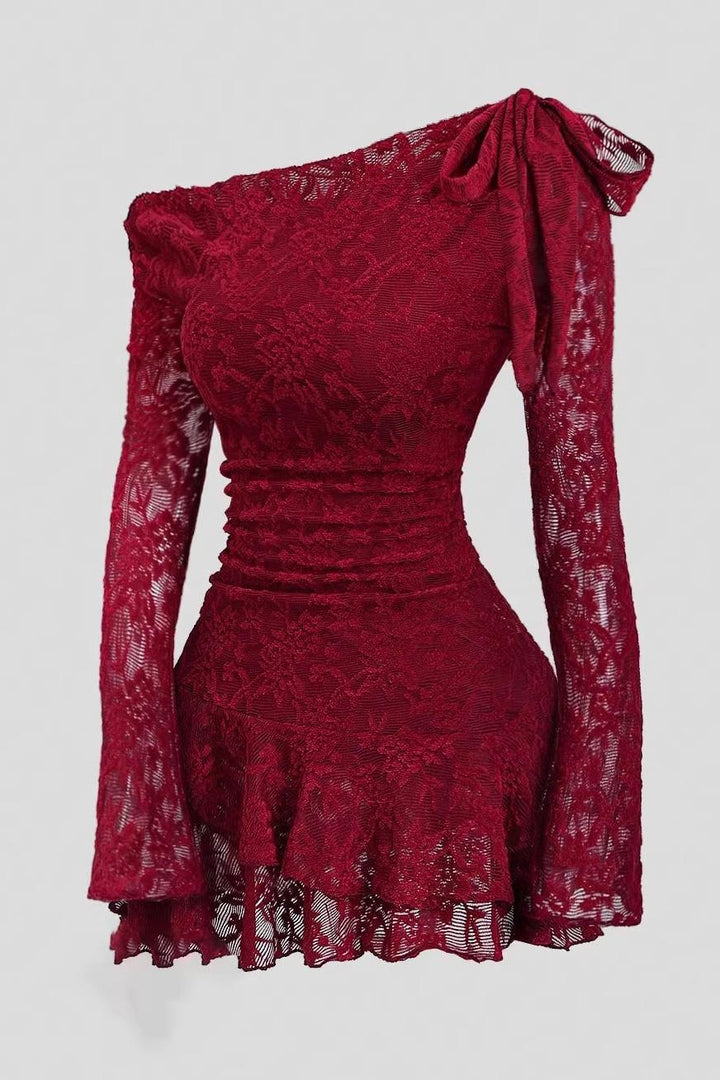Burgundy Lace Bodycon  Long Sleeve Asymmetric Neckline Dress