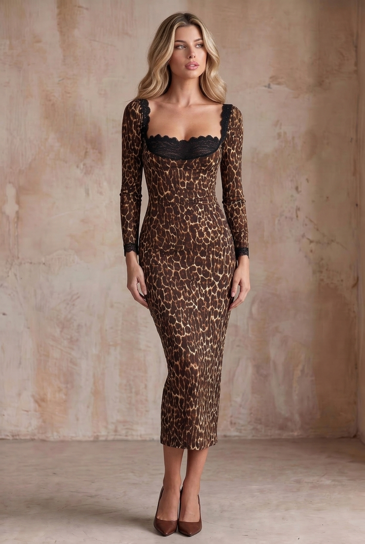 Low Neck Lace Trim Leopard Bodycon Midi Dress
