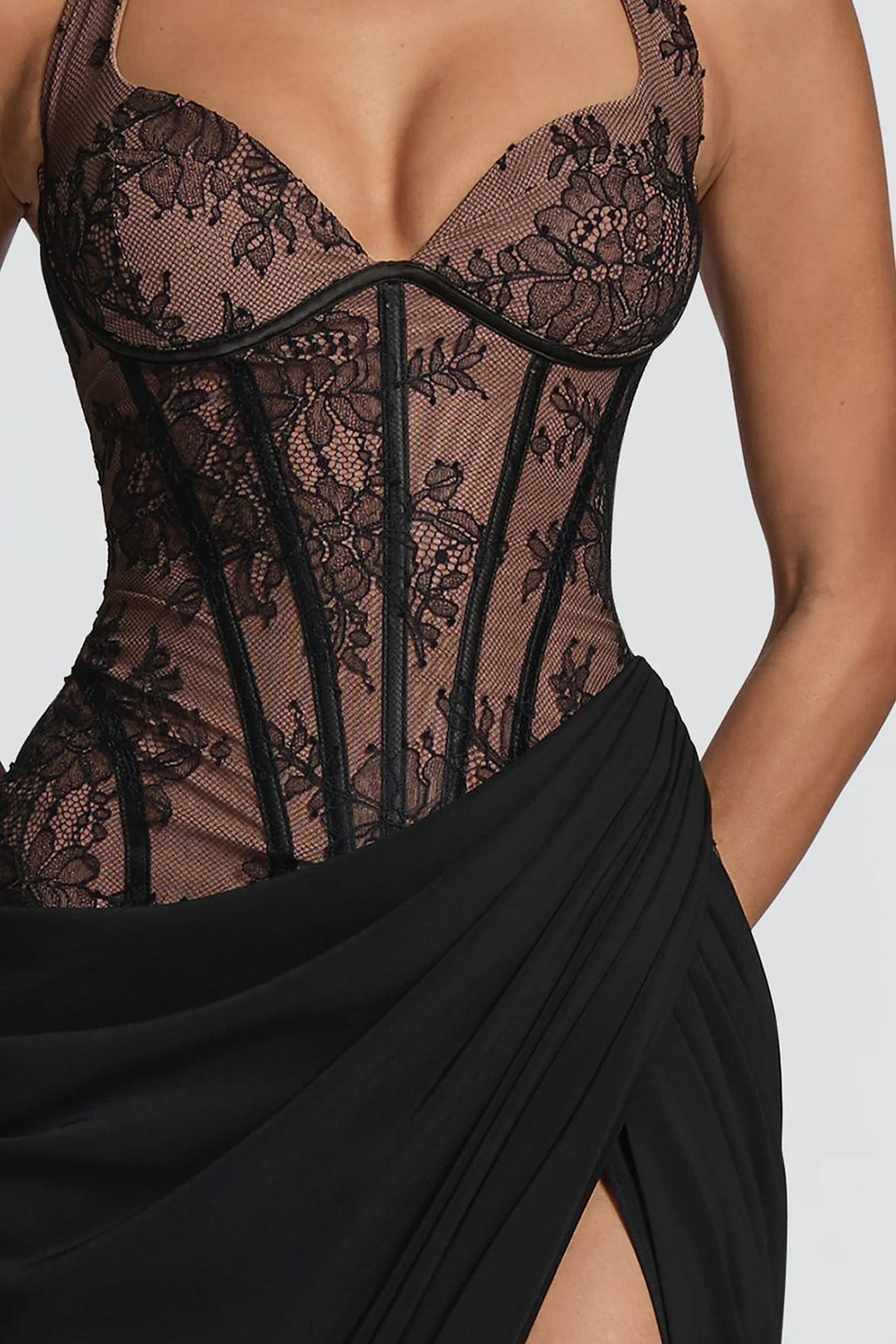 SOLACE CHICHalter Lace Corset High Slit Maxi Party Dress