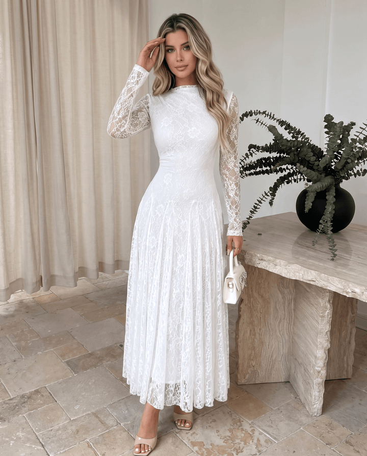 Elegant High‑Neck Lace Maxi Dress