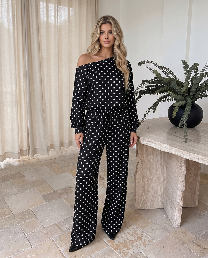 Casual Loose Long Sleeve Polka Dot Two Piece Outfit