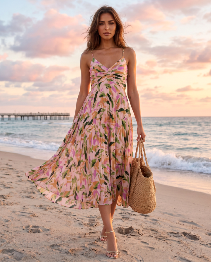 SOLACE  Multicolor Abstract Floral Ruched V Neck Pleated Midi Dress 