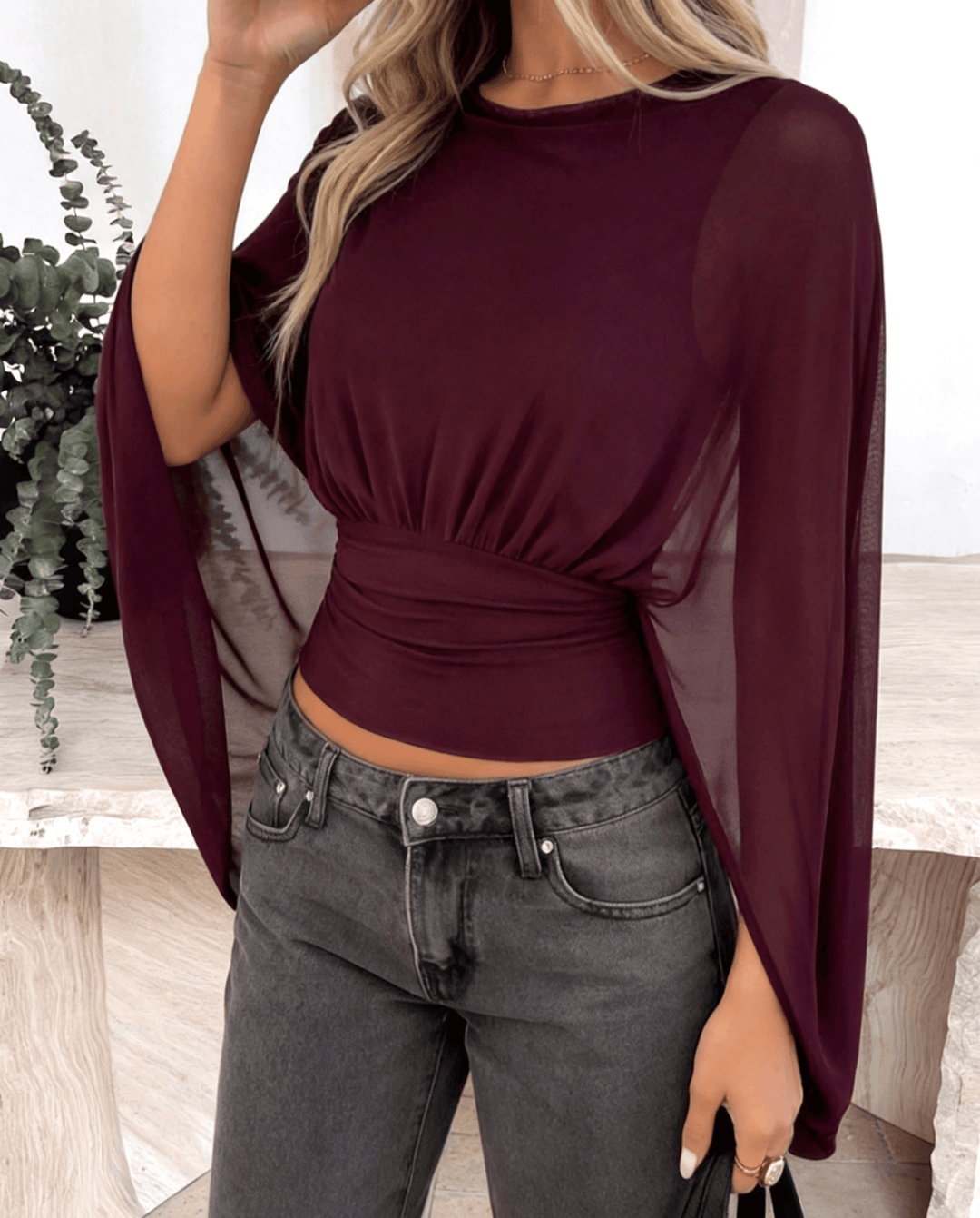 Mesh Batwing Sleeve Burgundy Draped Blouse