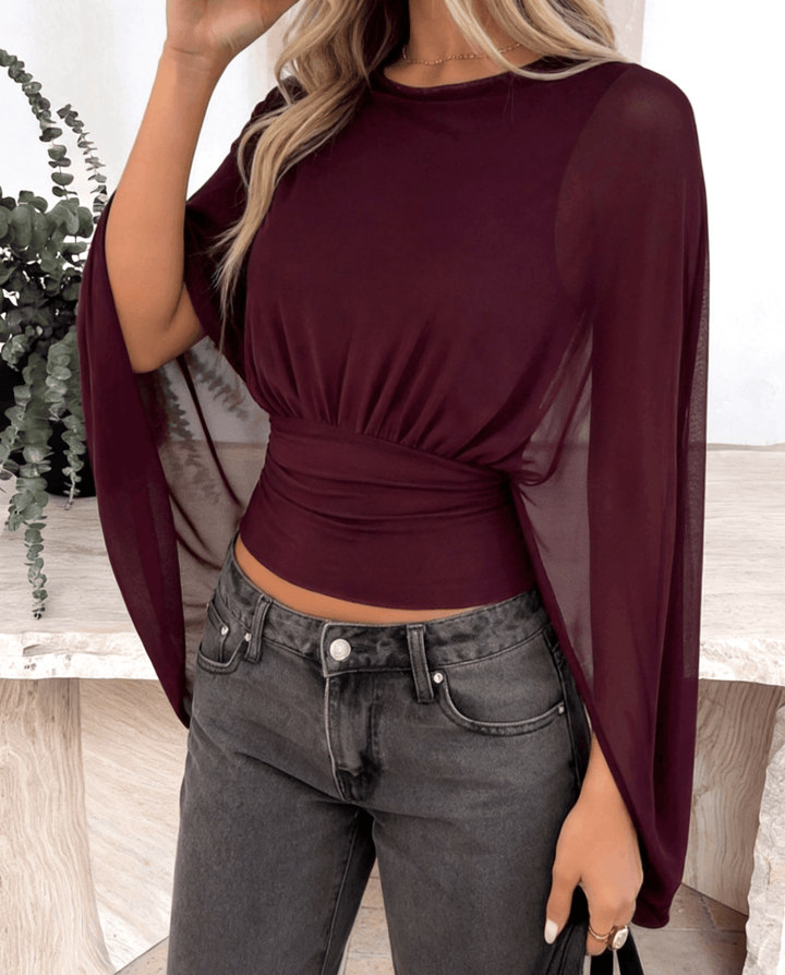 Mesh Batwing Sleeve Burgundy Draped Blouse