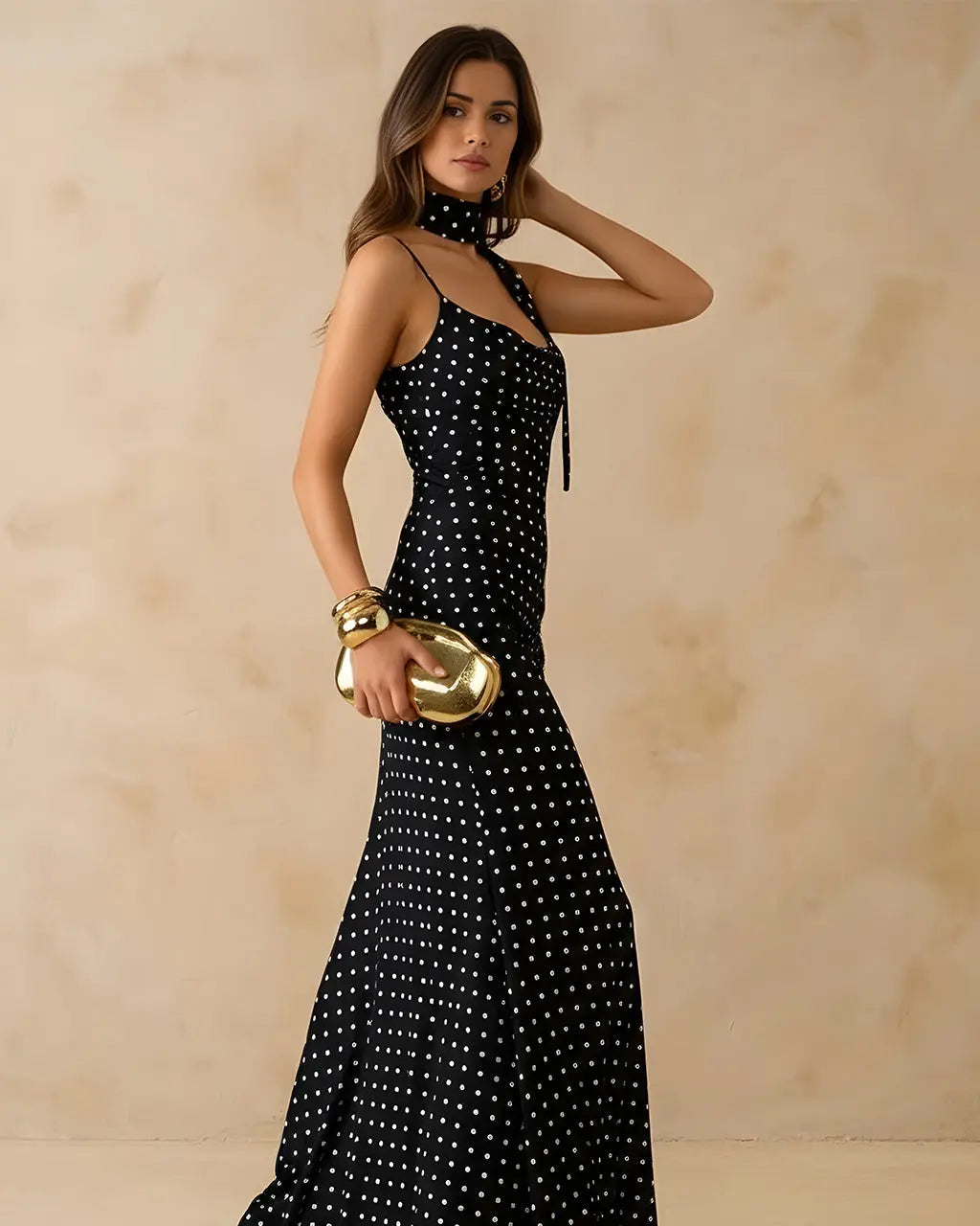 Black Polka Dot Cowl Neck Slip Maxi Dress SOLACE