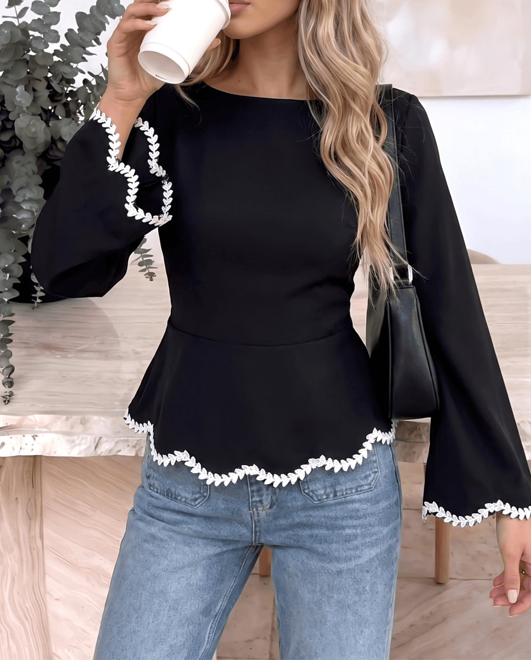Lace Trim Back Tie Waist Long Sleeve Peplum Shirts