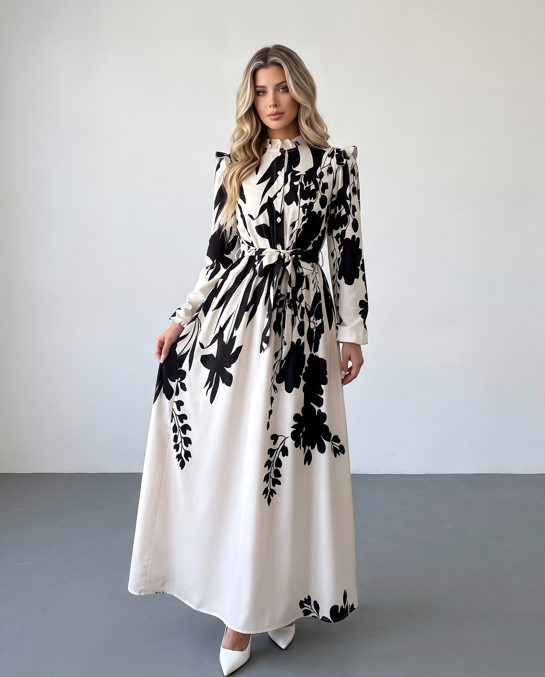 Elegant Floral Printed Long Sleeve Maxi Dress
