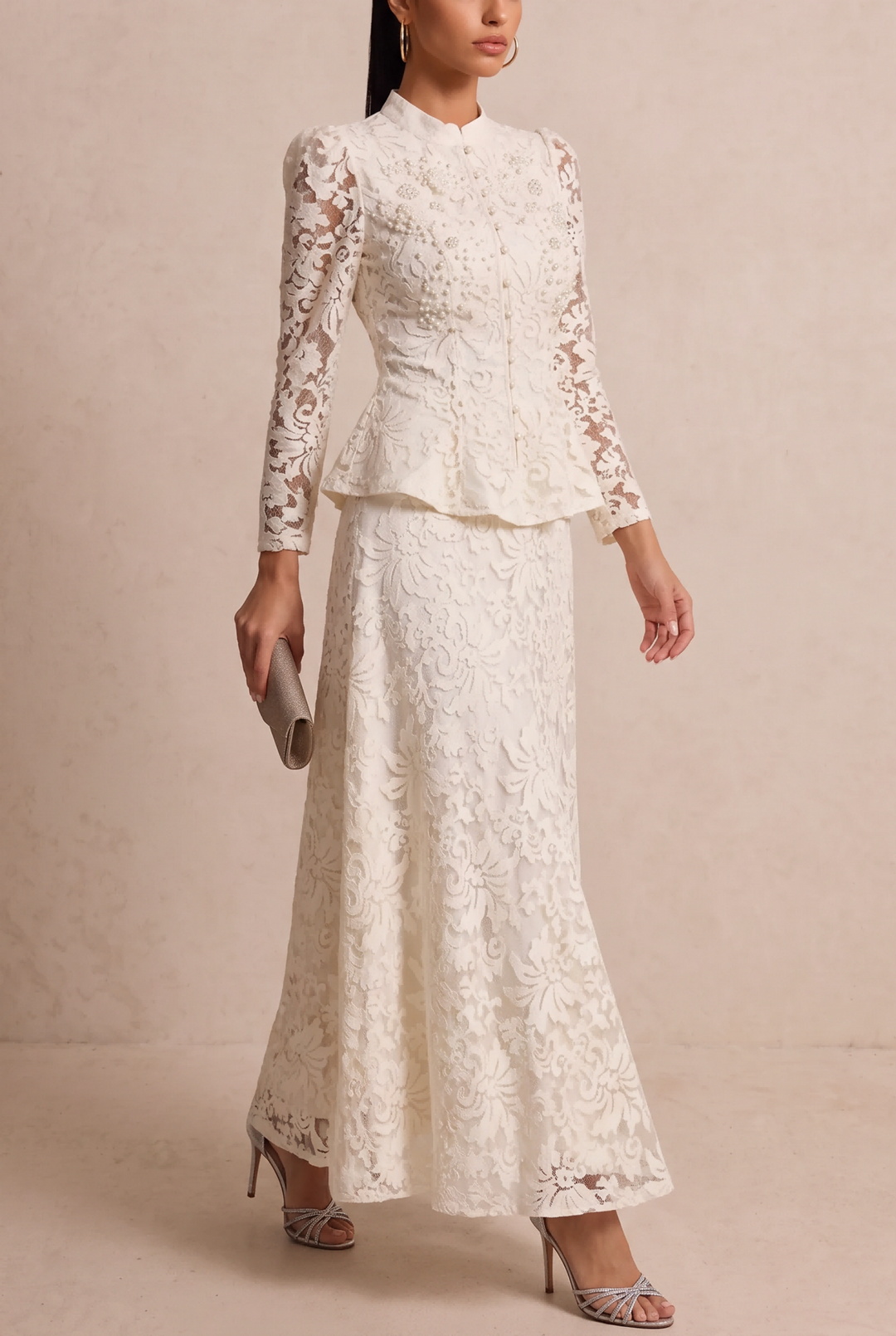 Beaded Lace Stand Collar Two Piece Maxi Skirt Set