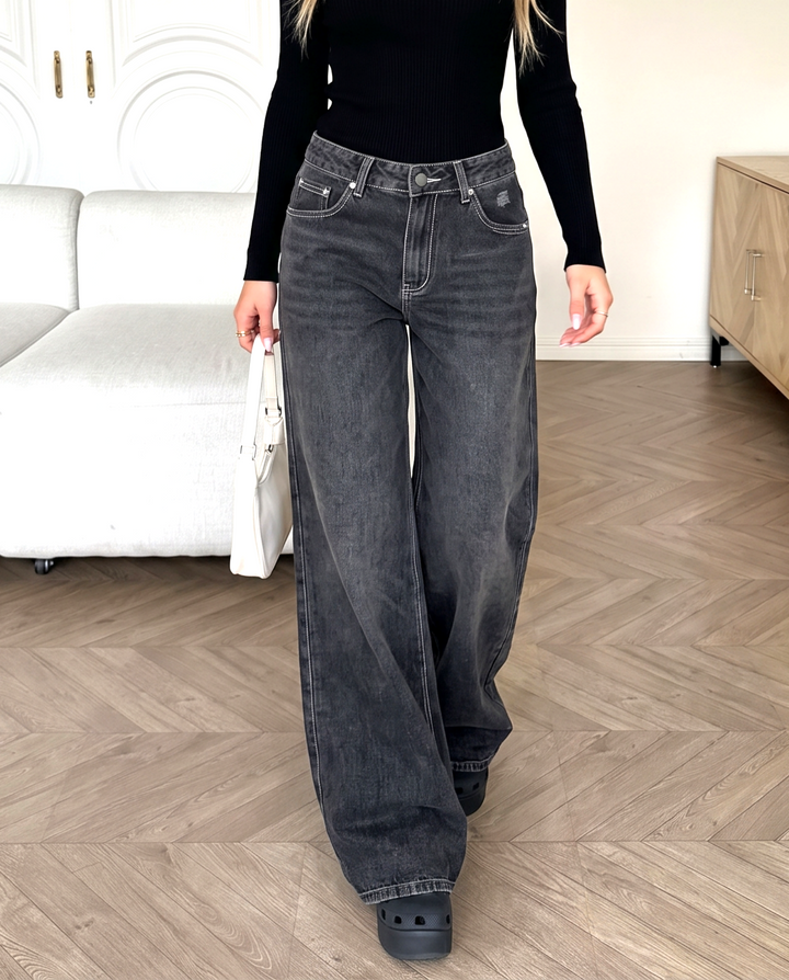 Black Washed Distressed Wide Leg Denim Jeans
