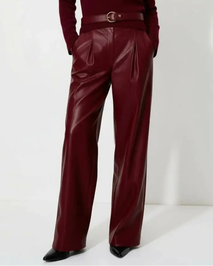 SOLACE  Wine Red High-Waist Leather Pants 