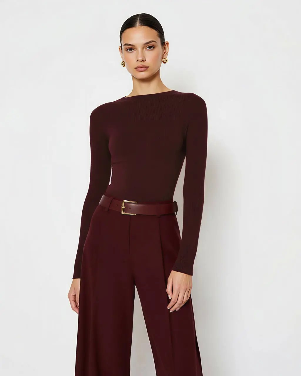 Burgundy Crewneck Slim Fit Long-Sleeve Top SOLACE