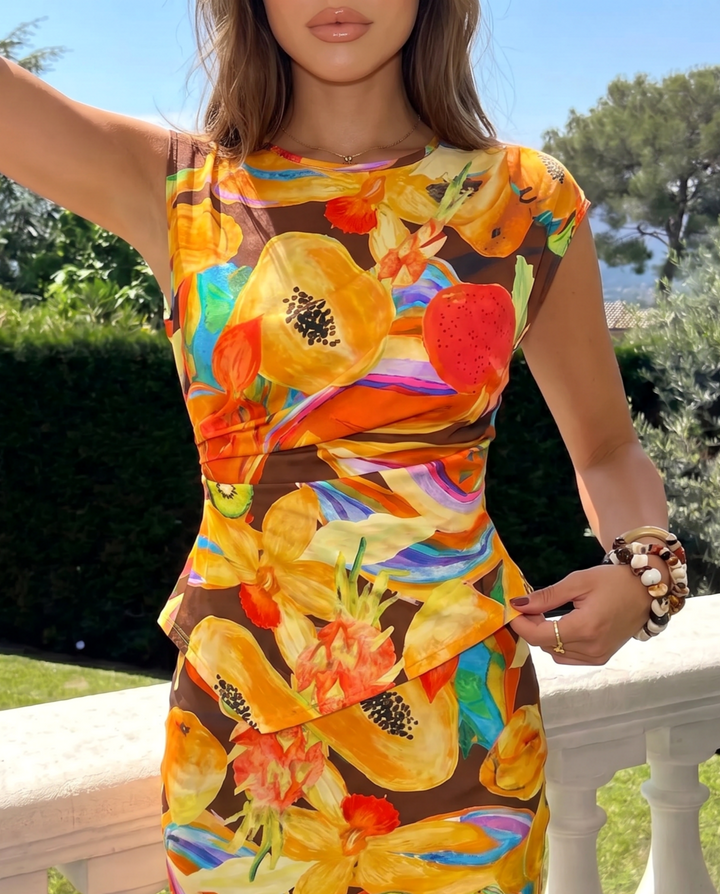 Multicolor Tropical Fruit Print High Neck Sleeveless Top