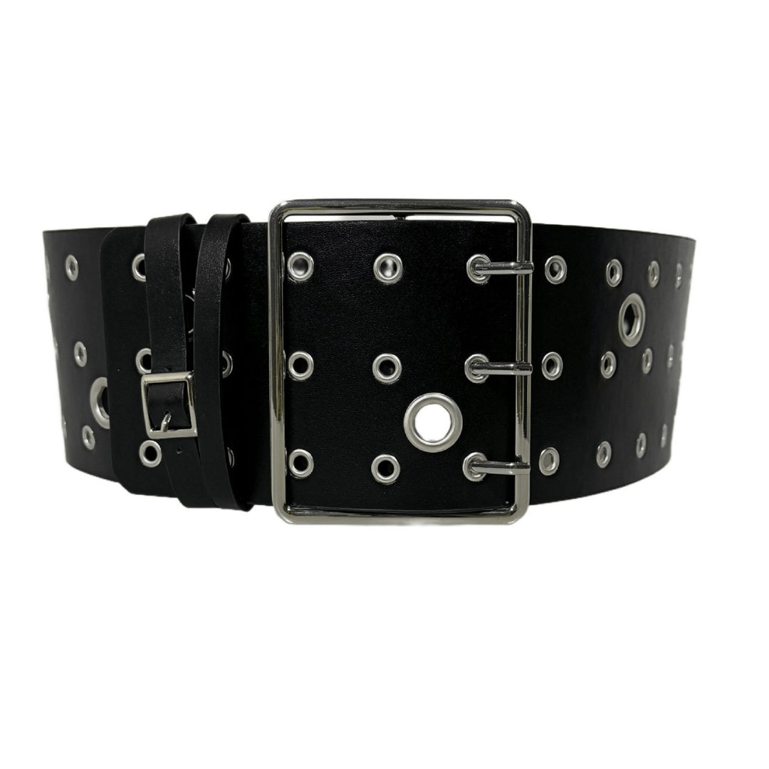 Triple Prong Grommet Wide PU Leather Punk Belt