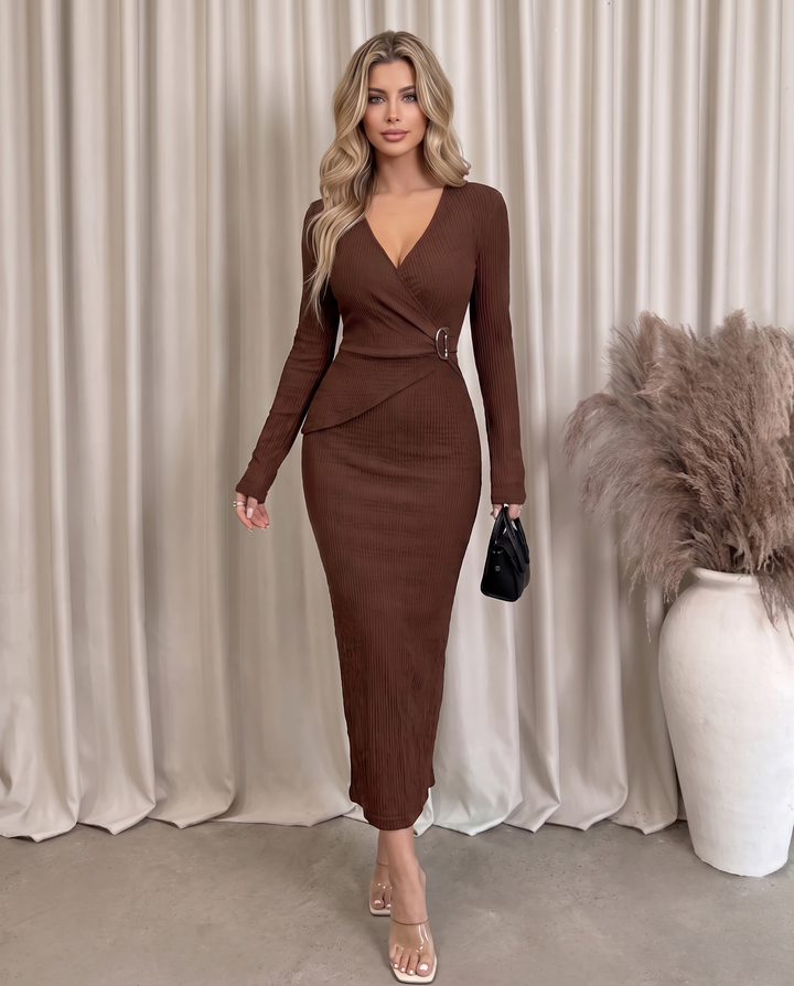 Solid Ribbed Knit Bodycon Midi Dress Long Sleeve Wrap V Neck Dress