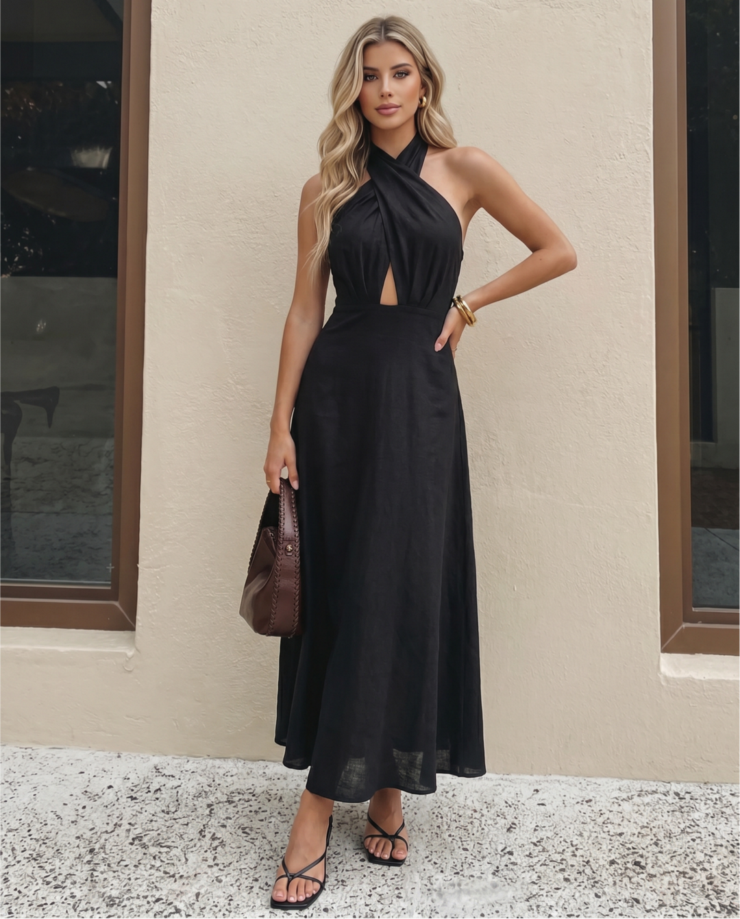 Black Cross Wrap Halter Front Keyhole Cutout Midi Dress