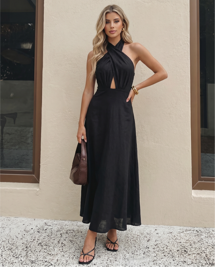 Black Cross Wrap Halter Front Keyhole Cutout Midi Dress
