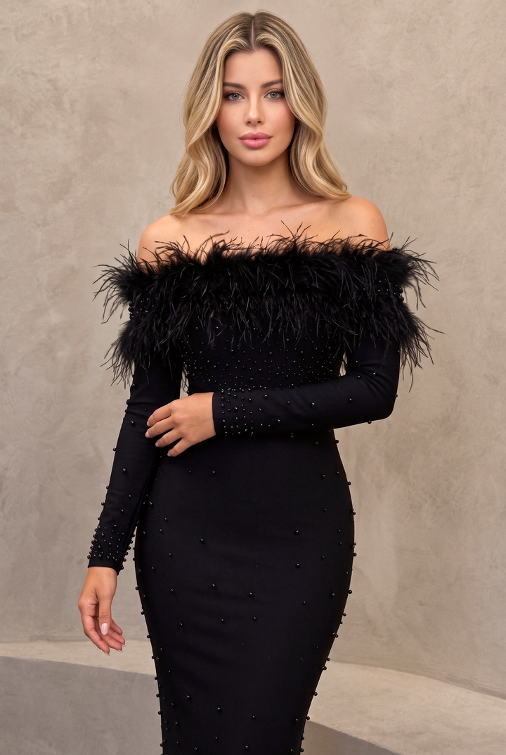 Off Shoulder Feather Beaded Midi Bodycon Dress