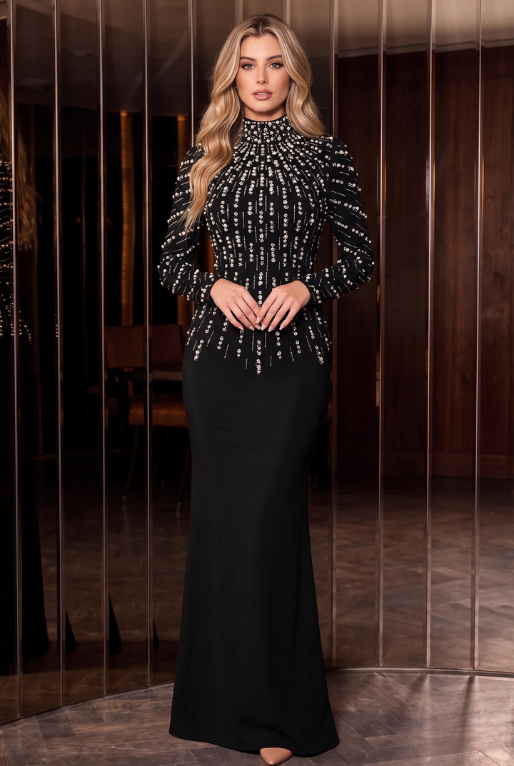 Elegant Long Sleeve Beaded Mermaid Wedding Guest Dress