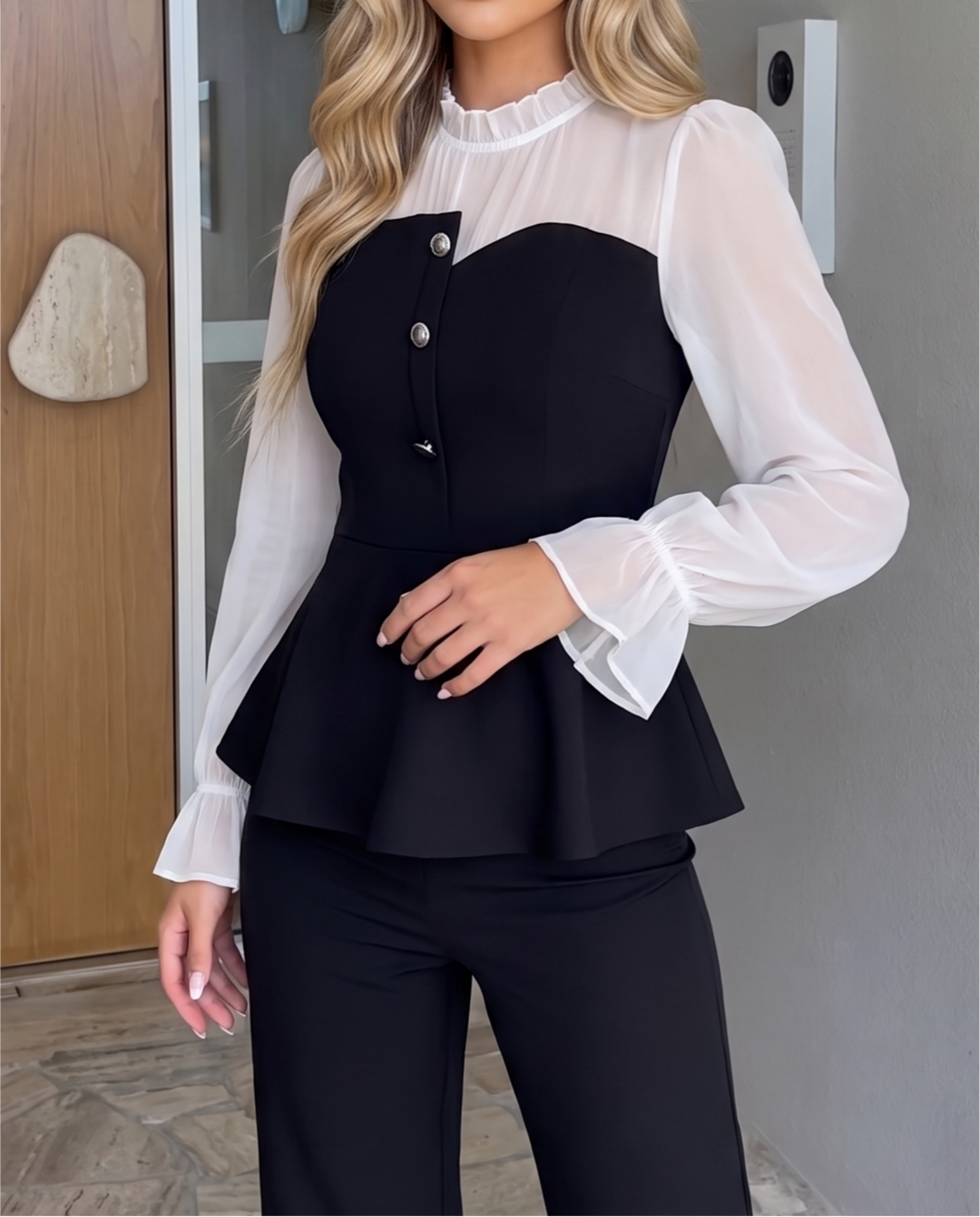 Ruffle Mock Neck Long Sleeve Blouse