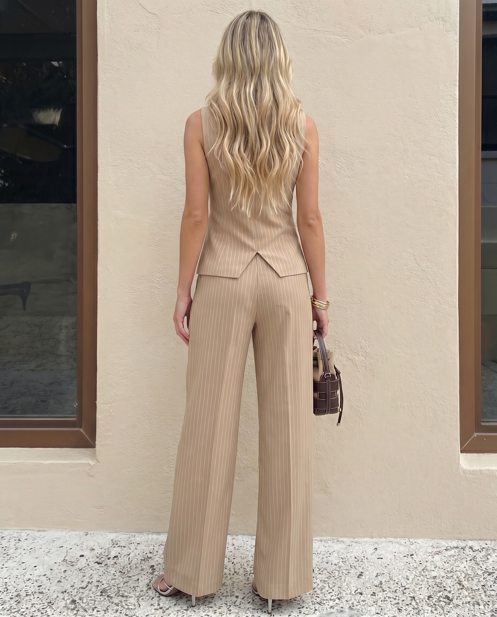 SOLACE  Beige Pinstripe High Waist Pleated Wide Leg Trousers 