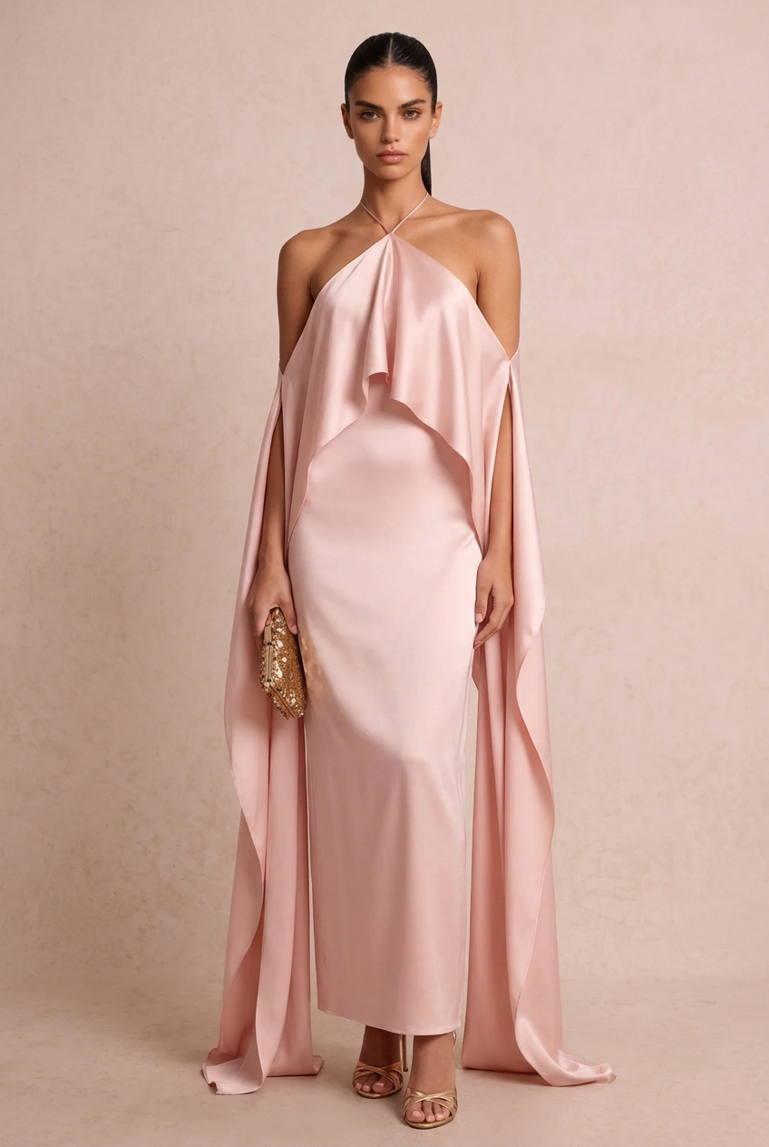 Halter Satin Cape Sleeve Maxi Evening Dress