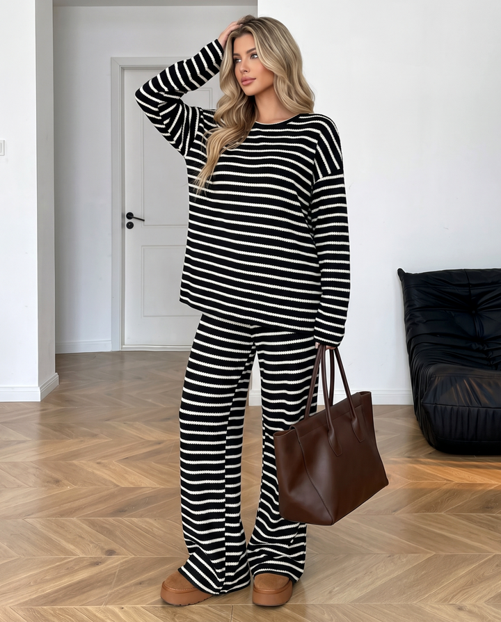 Striped Long Sleeve Loose Wide Leg Two Piece Set