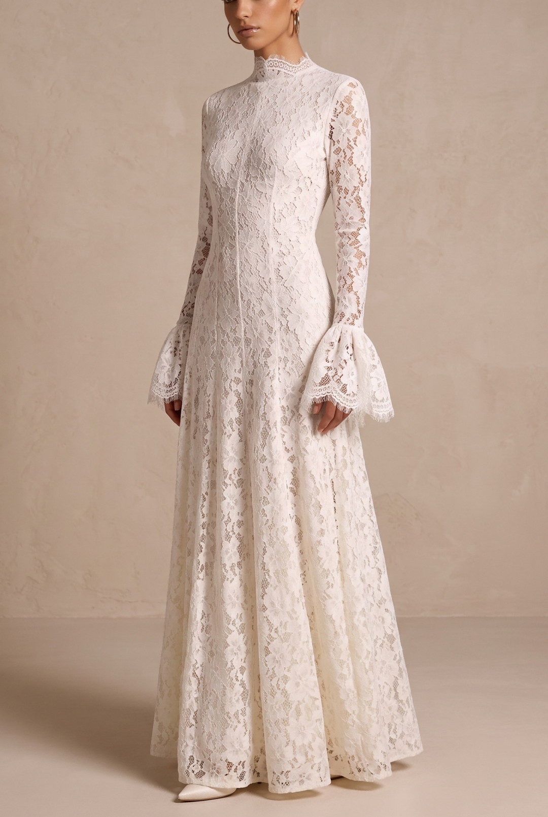 SOLACEFloral Lace High Neck Flare Sleeve Maxi Dress