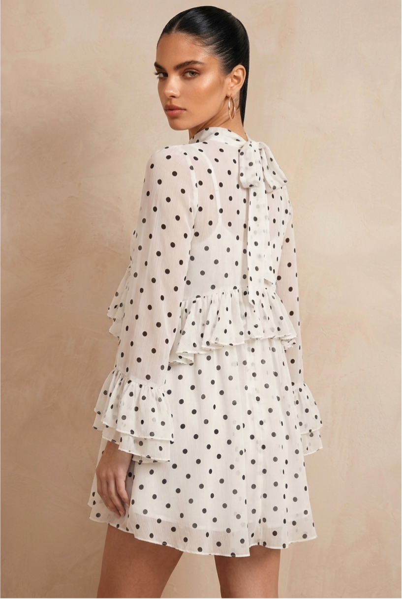 Elegant Long Sleeve Polka Dot Tiered Ruffle Dress