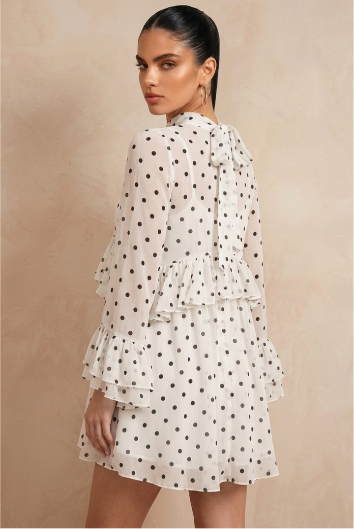 Elegant Long Sleeve Polka Dot Tiered Ruffle Dress