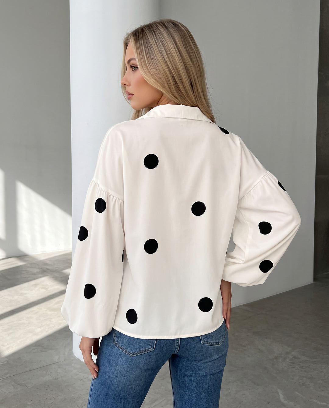 Polka Dot Collared Puff Sleeve Oversized Blouse