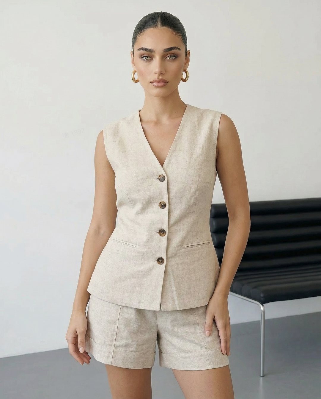 SOLACE  Beige Linen Blend Waistcoat Tailored Shorts Set 