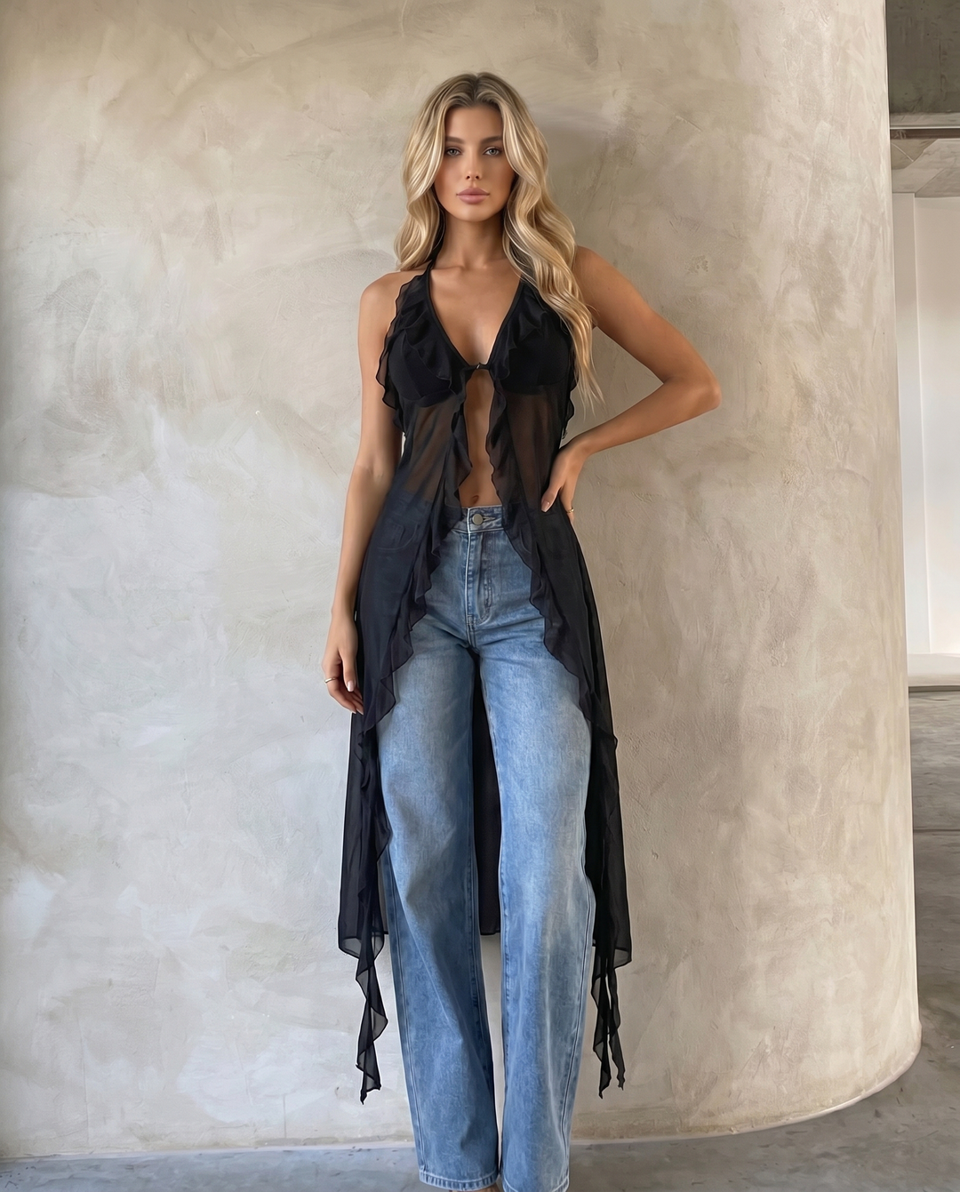 SOLACE  Black Sheer Ruffled Halter Neck Longline Top 