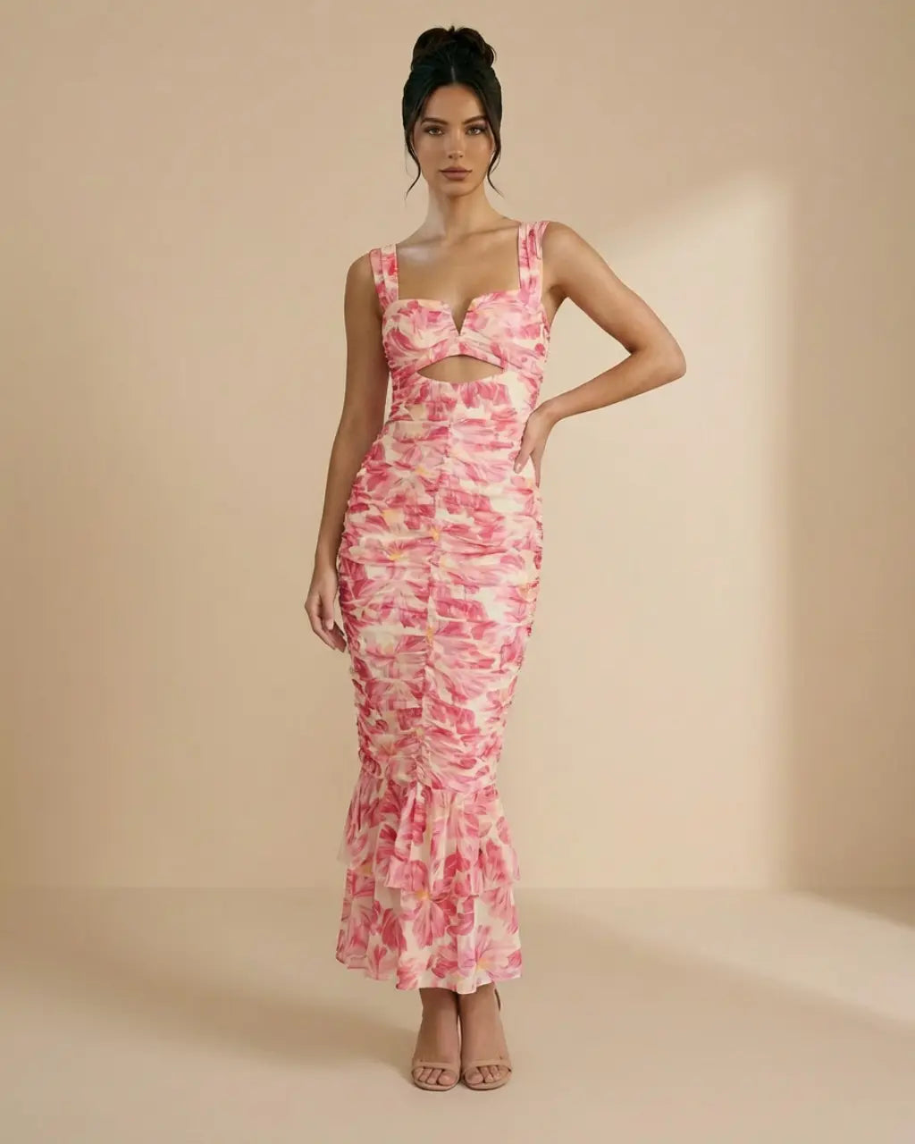 SOLACE  Pink Ruched Floral Print Cut-out Slim Fit Midi Dress 