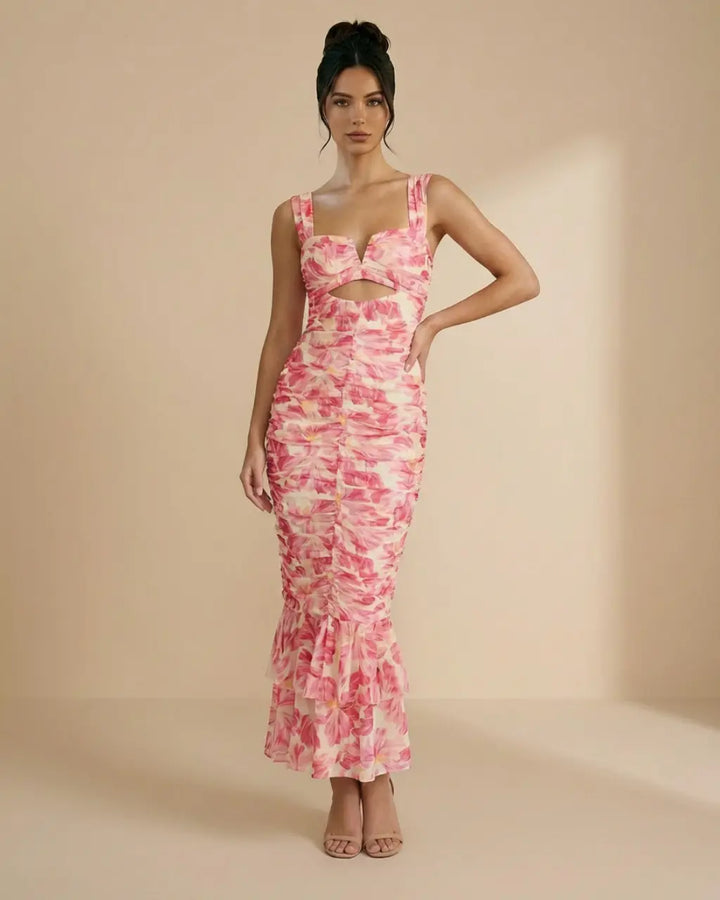 SOLACE  Pink Ruched Floral Print Cut-out Slim Fit Midi Dress 